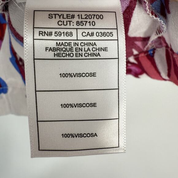 Karen Kane Top Pink Floral Puff Sleeve Button up Crepe Tropical - Picture 7 of 10